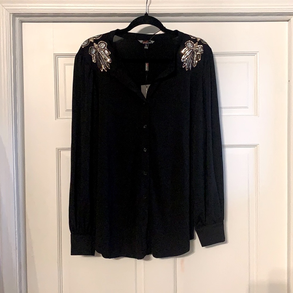 Black button up sequin shoulder blouse